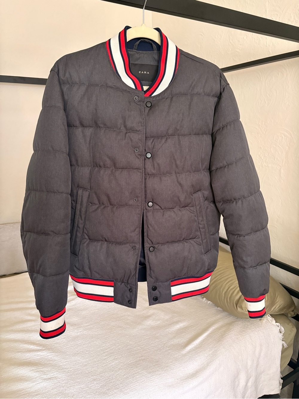 Zara Man Quilted Varsity Puffer Bomber Jacket with Red White Black Trim